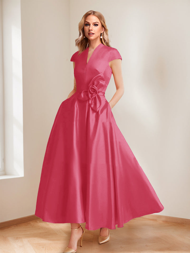 A-Line/Princess V-Neck Short Sleeves Mother of the Bride Dresses with Pockets &amp; Flower