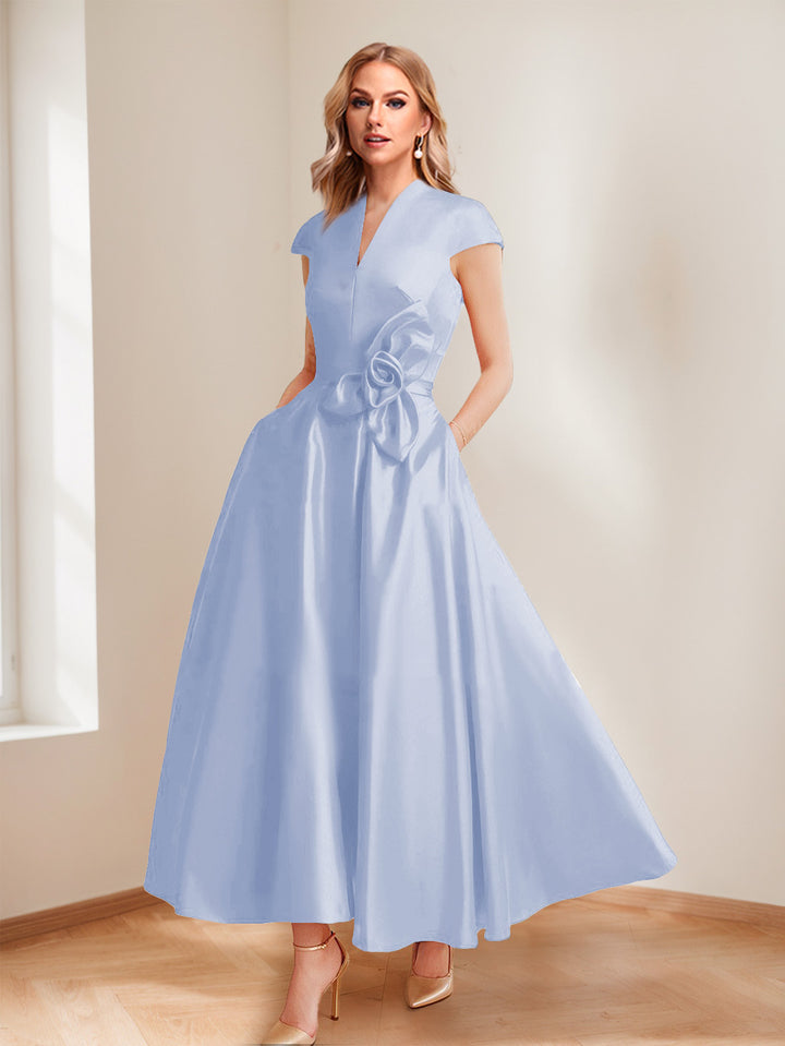 A-Line/Princess V-Neck Short Sleeves Mother of the Bride Dresses with Pockets &amp; Flower