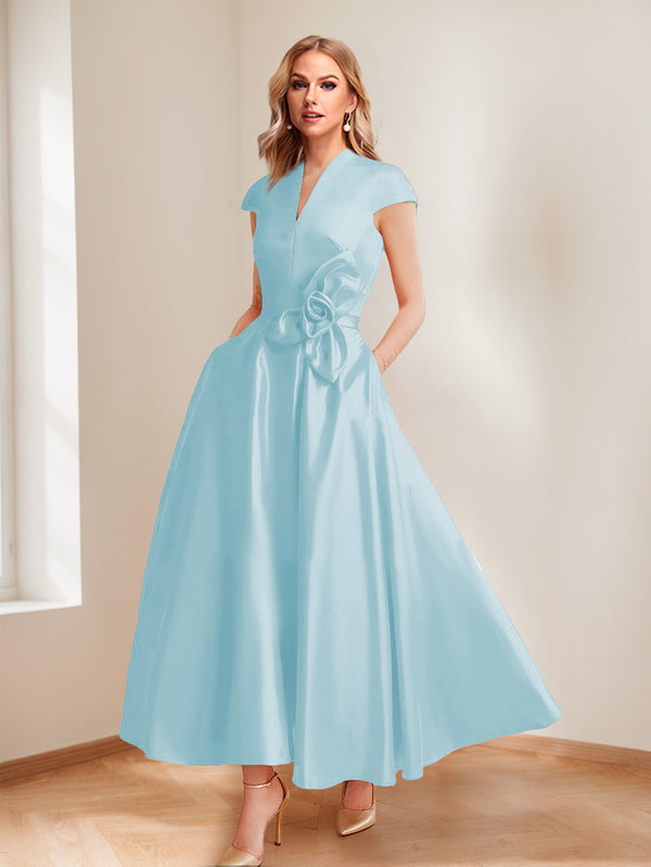 A-Line/Princess V-Neck Short Sleeves Mother of the Bride Dresses with Pockets & Flower