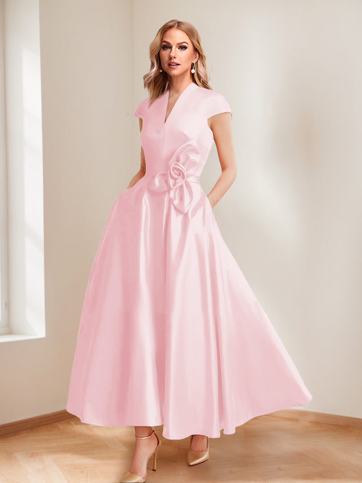 A-Line/Princess V-Neck Short Sleeves Mother of the Bride Dresses with Pockets &amp; Flower