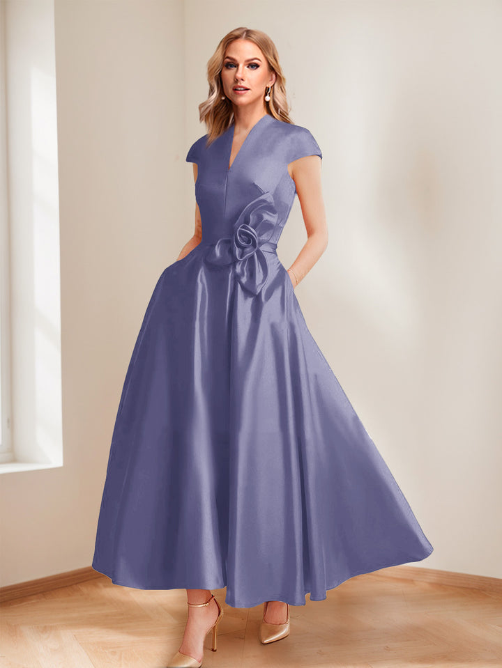 A-Line/Princess V-Neck Short Sleeves Mother of the Bride Dresses with Pockets &amp; Flower