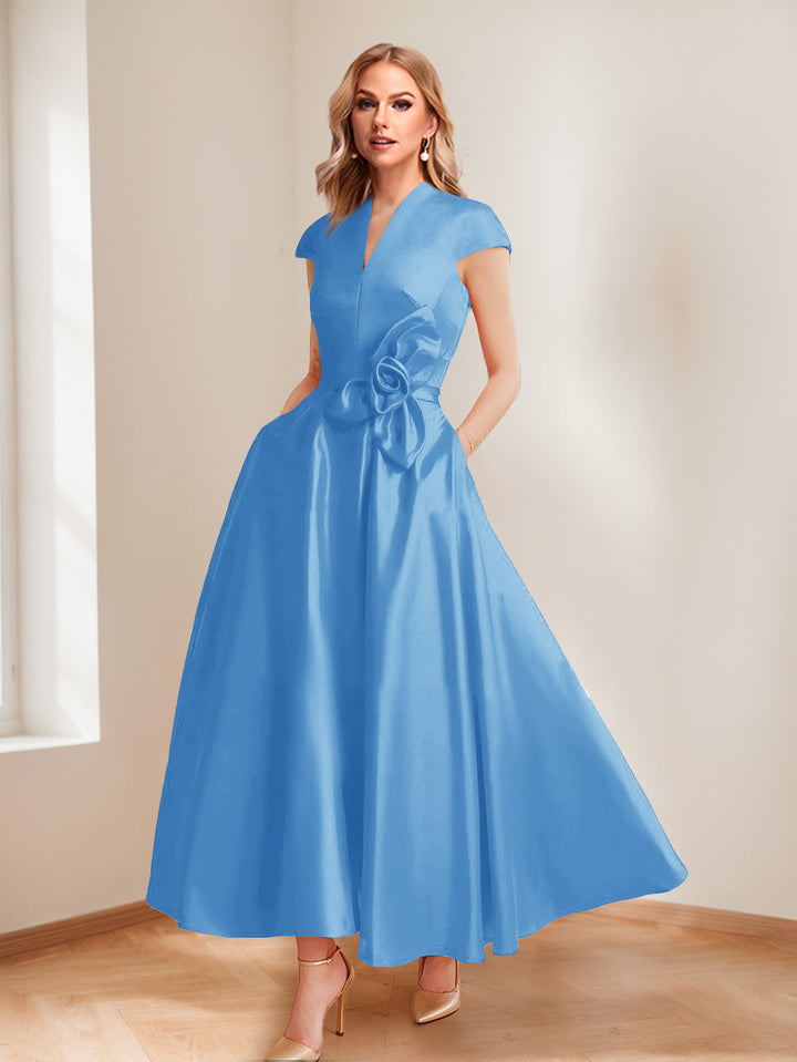 A-Line/Princess V-Neck Short Sleeves Mother of the Bride Dresses with Pockets &amp; Flower