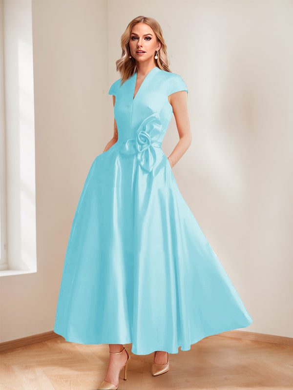 A-Line/Princess V-Neck Short Sleeves Mother of the Bride Dresses with Pockets & Flower