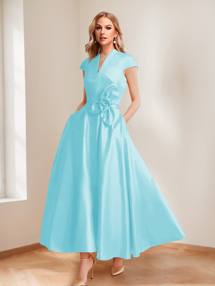 A-Line/Princess V-Neck Short Sleeves Mother of the Bride Dresses with Pockets &amp; Flower