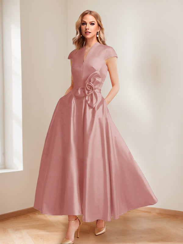 A-Line/Princess V-Neck Short Sleeves Mother of the Bride Dresses with Pockets & Flower