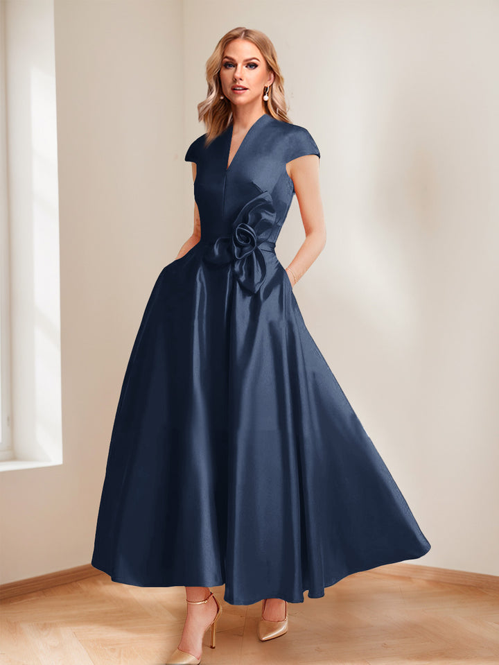 A-Line/Princess V-Neck Short Sleeves Mother of the Bride Dresses with Pockets &amp; Flower
