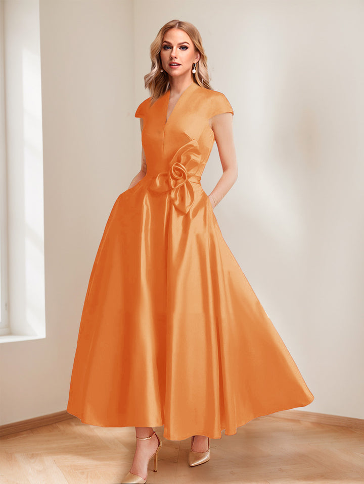 A-Line/Princess V-Neck Short Sleeves Mother of the Bride Dresses with Pockets &amp; Flower
