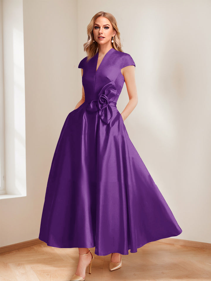 A-Line/Princess V-Neck Short Sleeves Mother of the Bride Dresses with Pockets &amp; Flower