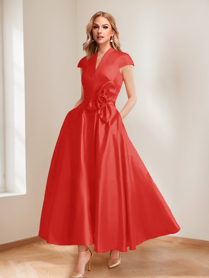 A-Line/Princess V-Neck Short Sleeves Mother of the Bride Dresses with Pockets &amp; Flower