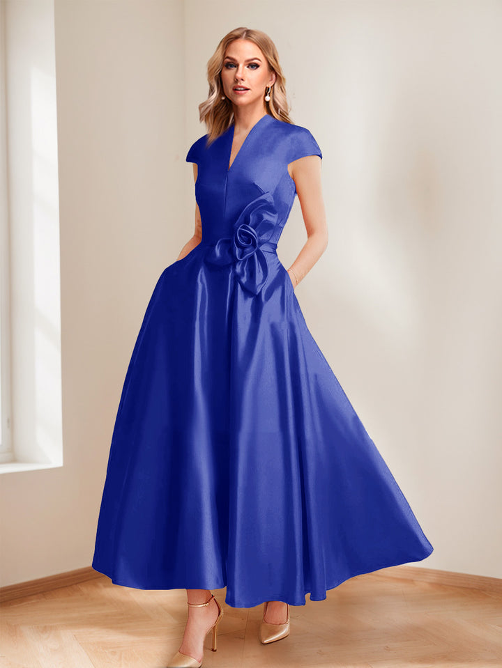 A-Line/Princess V-Neck Short Sleeves Mother of the Bride Dresses with Pockets &amp; Flower