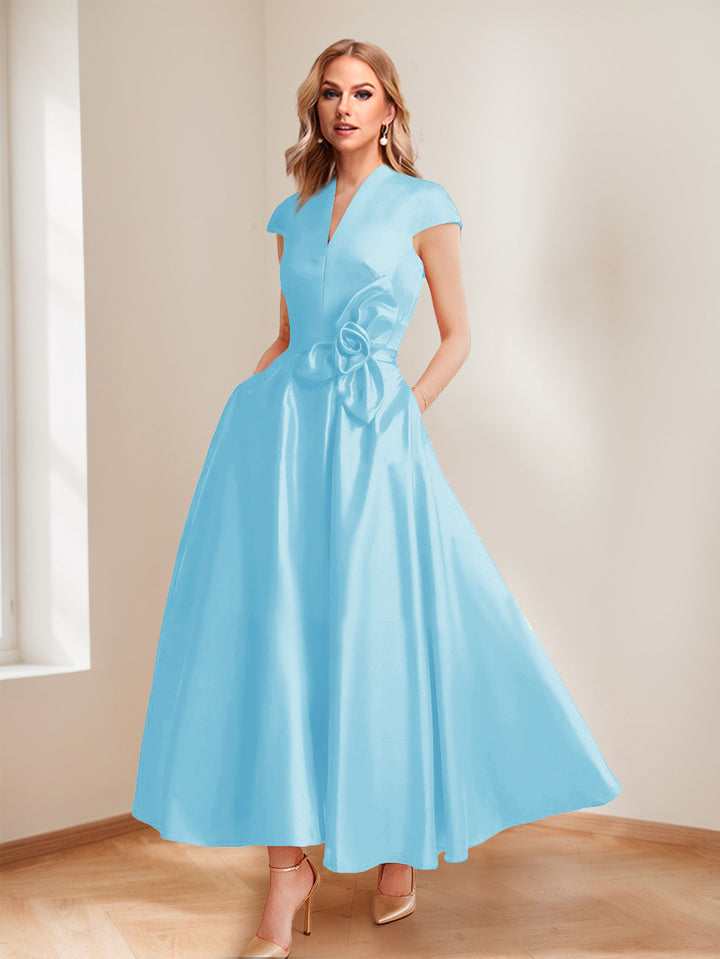 A-Line/Princess V-Neck Short Sleeves Mother of the Bride Dresses with Pockets &amp; Flower