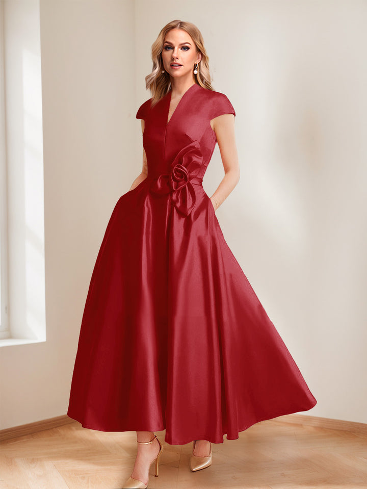 A-Line/Princess V-Neck Short Sleeves Mother of the Bride Dresses with Pockets &amp; Flower