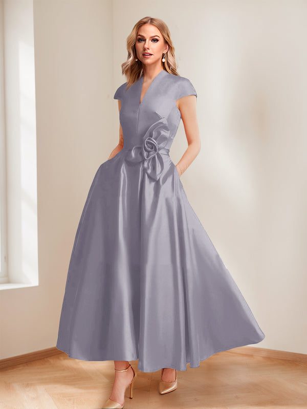 A-Line/Princess V-Neck Short Sleeves Mother of the Bride Dresses with Pockets & Flower