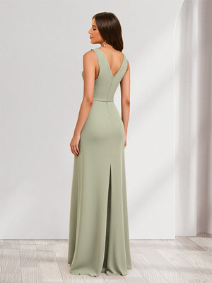 Sheath/Column V-Neck Knot Front Long Bridesmaid Dresses with Hollow Out