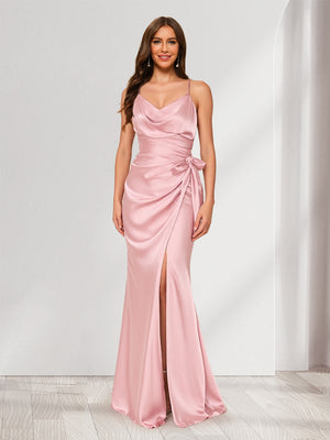 Sheath/Column Straps Cowl Neck Ruched Long Bridesmaid Dresses with Split Side