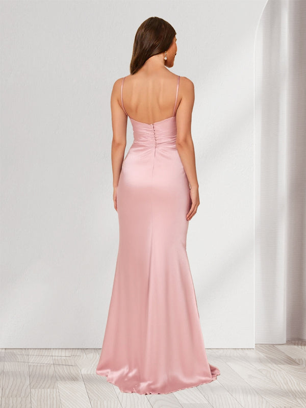 Sheath/Column Straps Cowl Neck Ruched Long Bridesmaid Dresses with Split Side