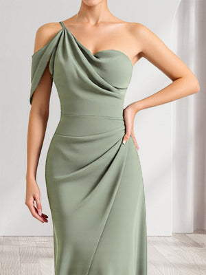 Sheath/Column Asymmetrical One-Shoulder Ruched Long Bridesmaid Dresses