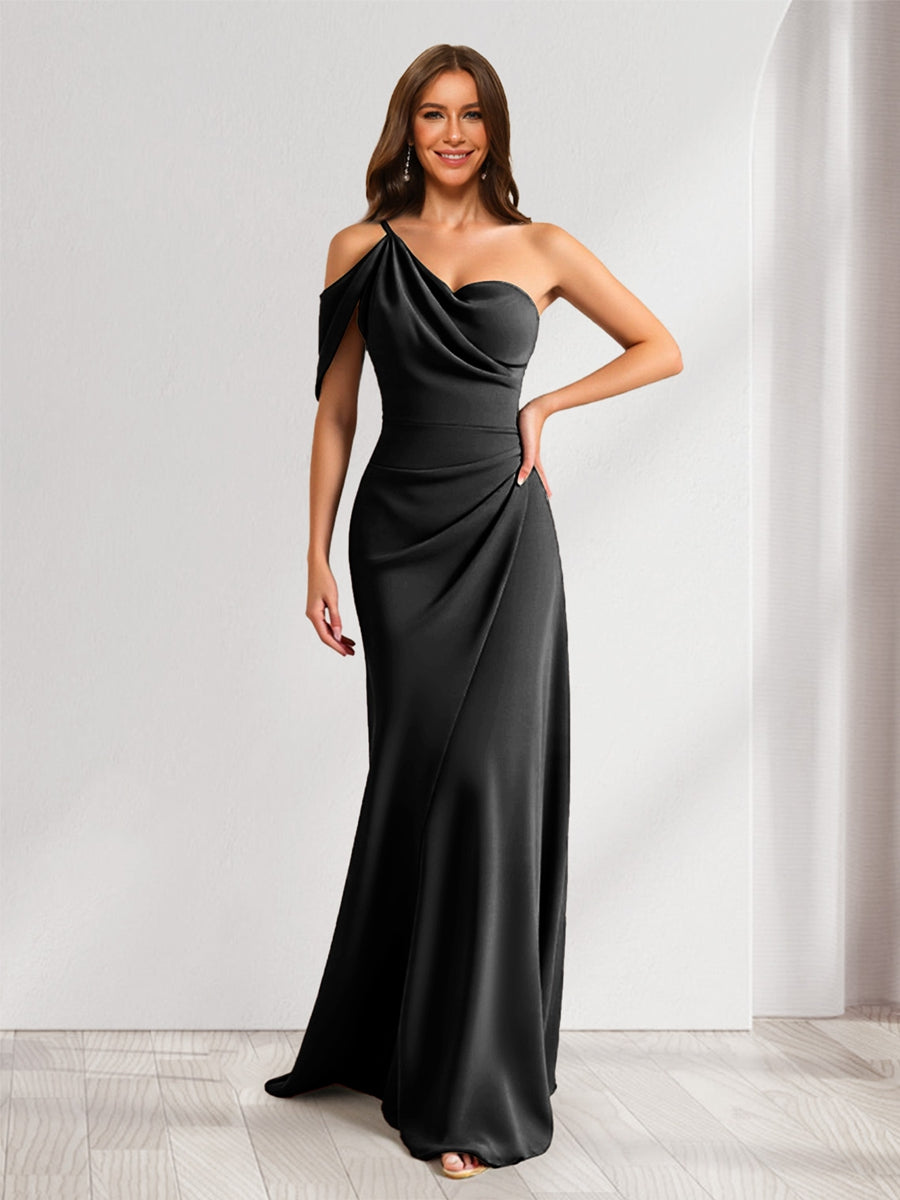 one shoulder black bridesmaid dress Satin Pleated Long with Slit Modsele The sleek silhouette skims the body beautifully Charming One Shoulder Sash/Ribbon/Belt Sleeveless