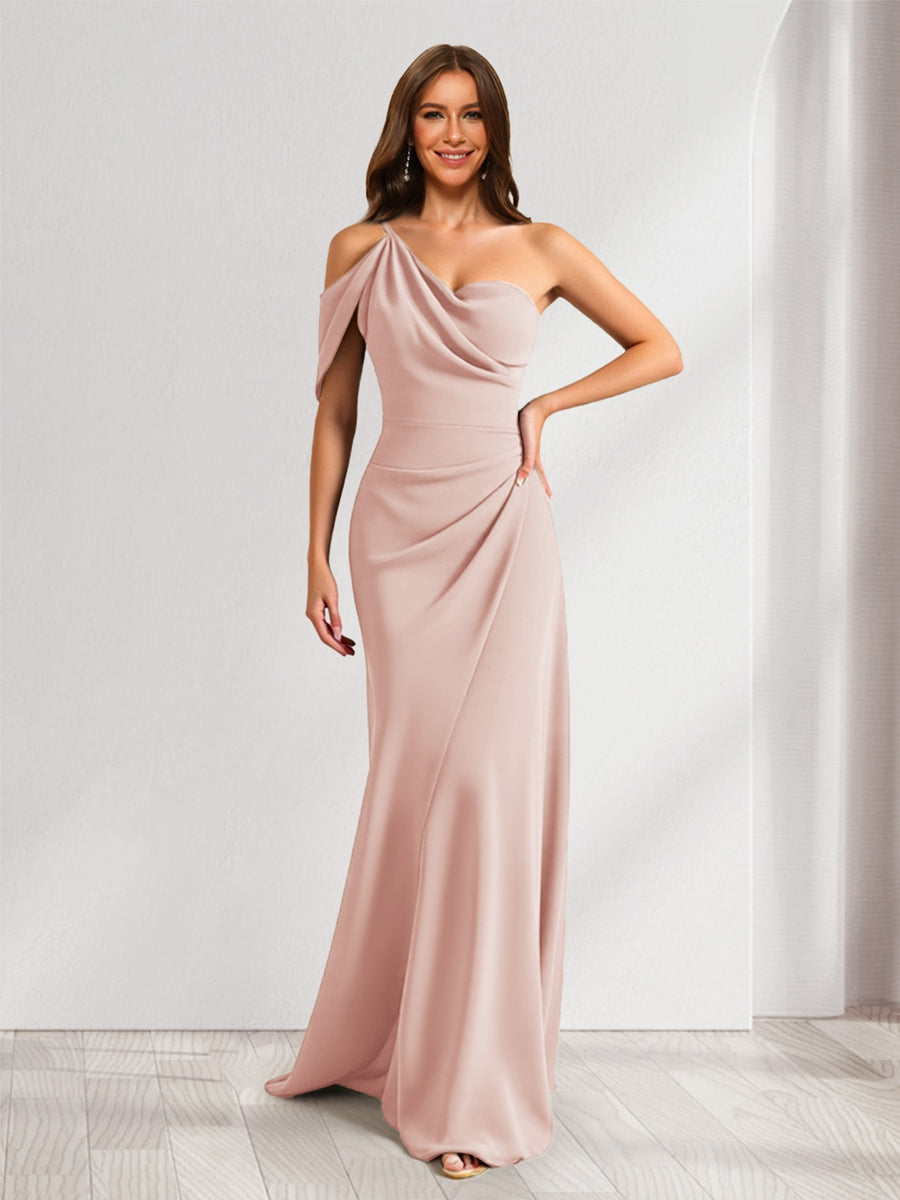 Lavetir White Sheath/Column Asymmetrical One-Shoulder Ruched Long Bridesmaid Dresses 2026