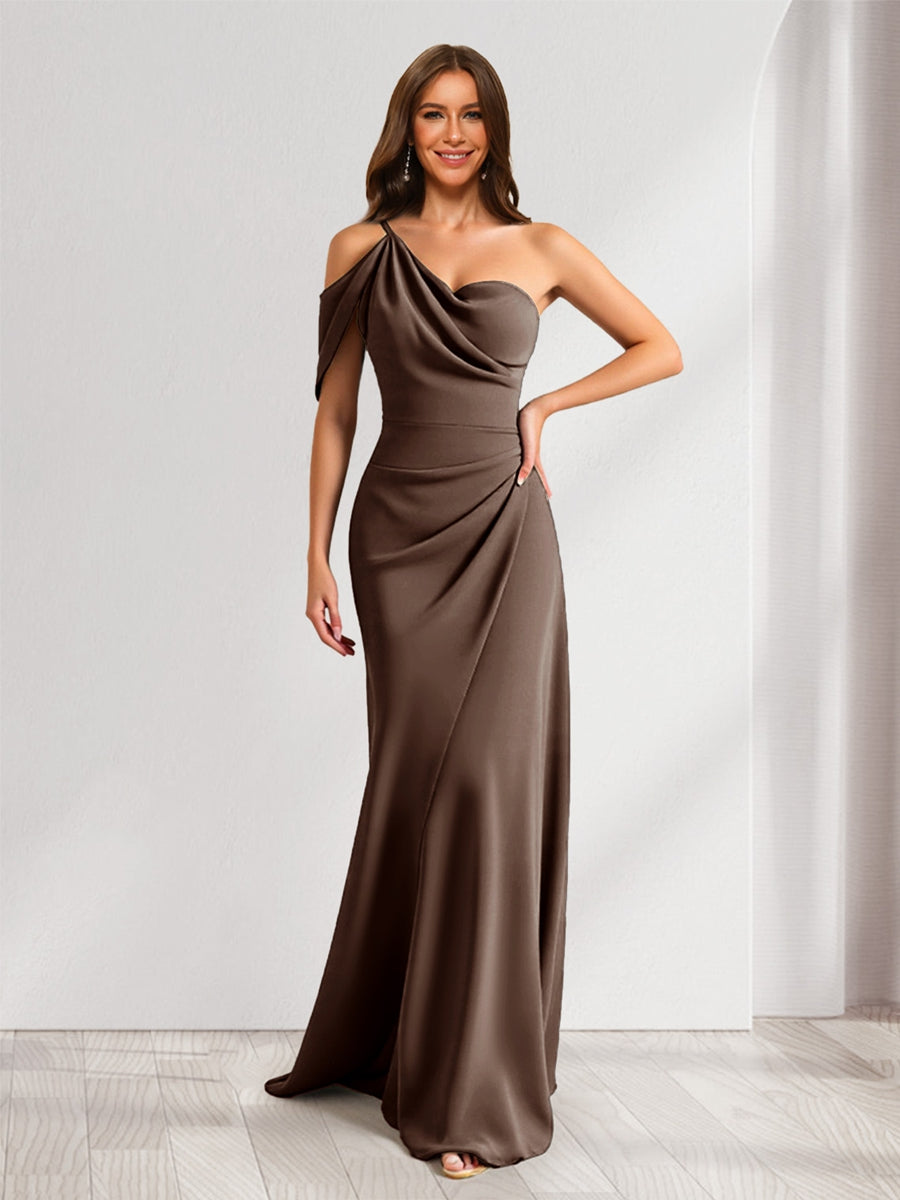 Lavetir Black Sheath/Column Asymmetrical One-Shoulder Ruched Long Bridesmaid Dresses 2026