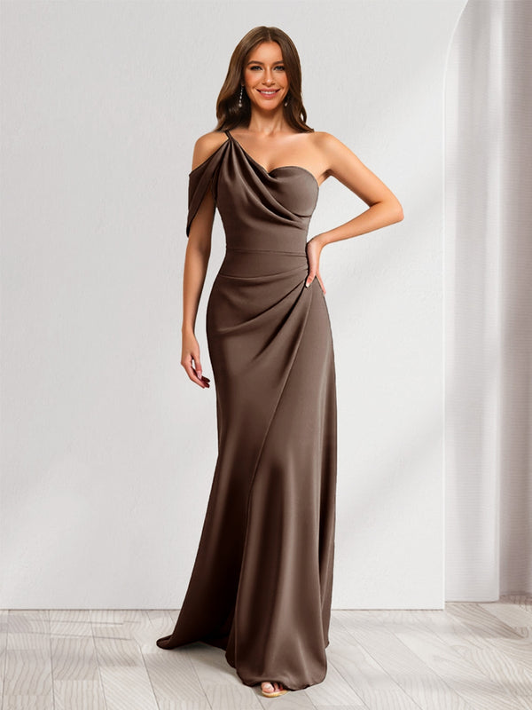 Sheath/Column Asymmetrical One-Shoulder Ruched Long Bridesmaid Dresses