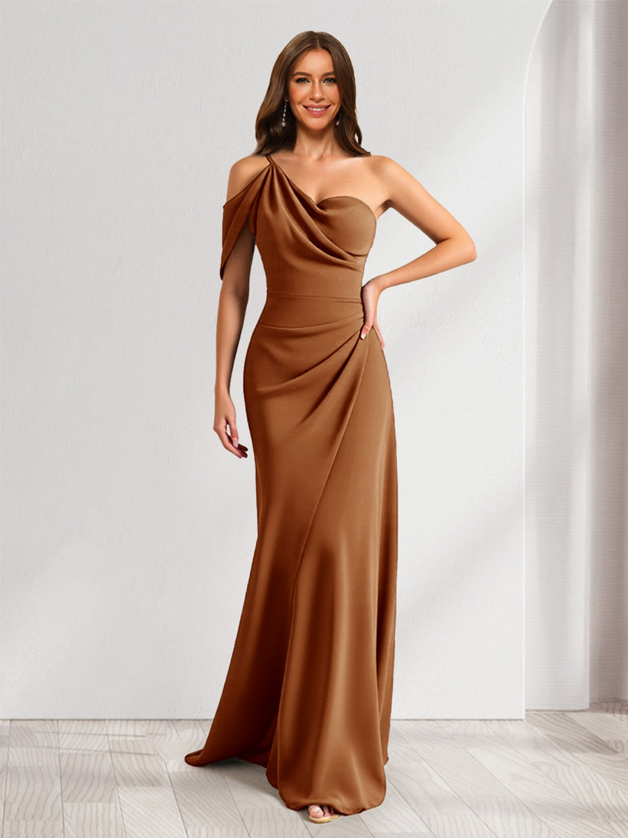 Sheath/Column Asymmetrical One-Shoulder Ruched Long Bridesmaid Dresses – Lavetir