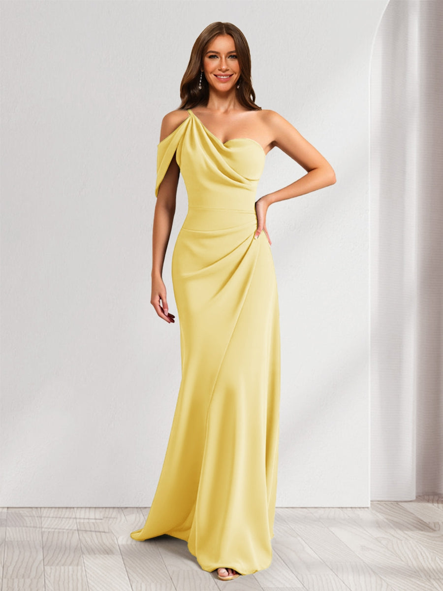 Lavetir Champagne Sheath/Column Asymmetrical One-Shoulder Ruched Long Bridesmaid Dresses 2026