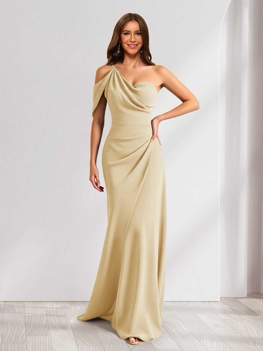 Lavetir Champagne Sheath/Column Asymmetrical One-Shoulder Ruched Long Bridesmaid Dresses 2026