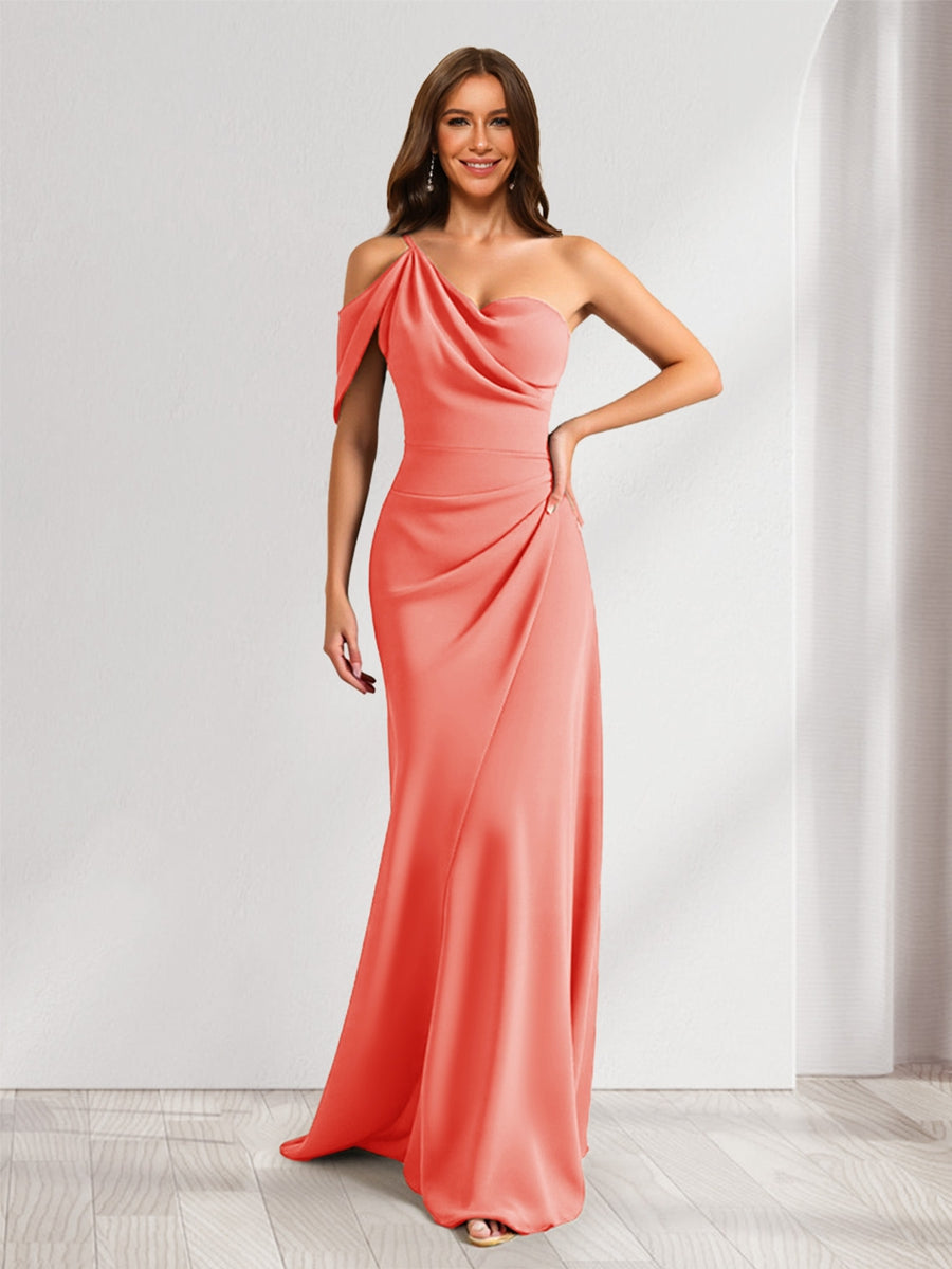 Lavetir Coral Sheath/Column Asymmetrical One-Shoulder Ruched Long Bridesmaid Dresses 2026