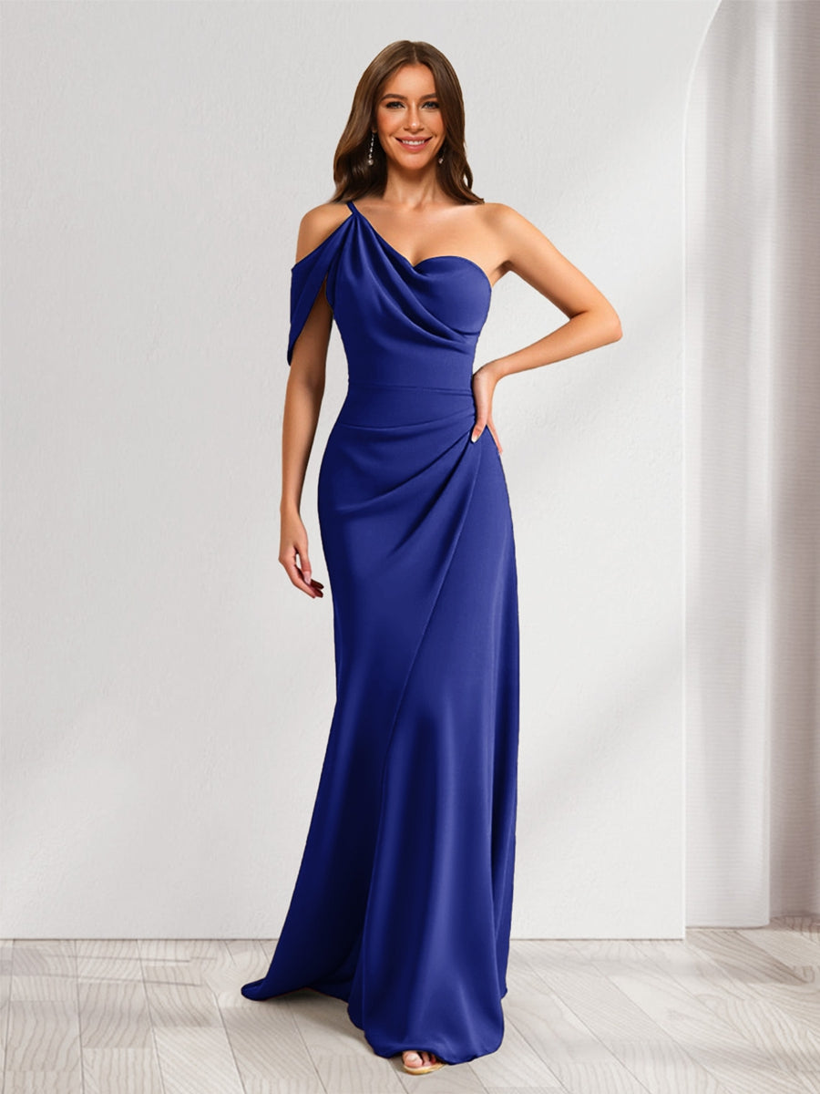 Lavetir Royal Blue Sheath/Column Asymmetrical One-Shoulder Ruched Long Bridesmaid Dresses 2026