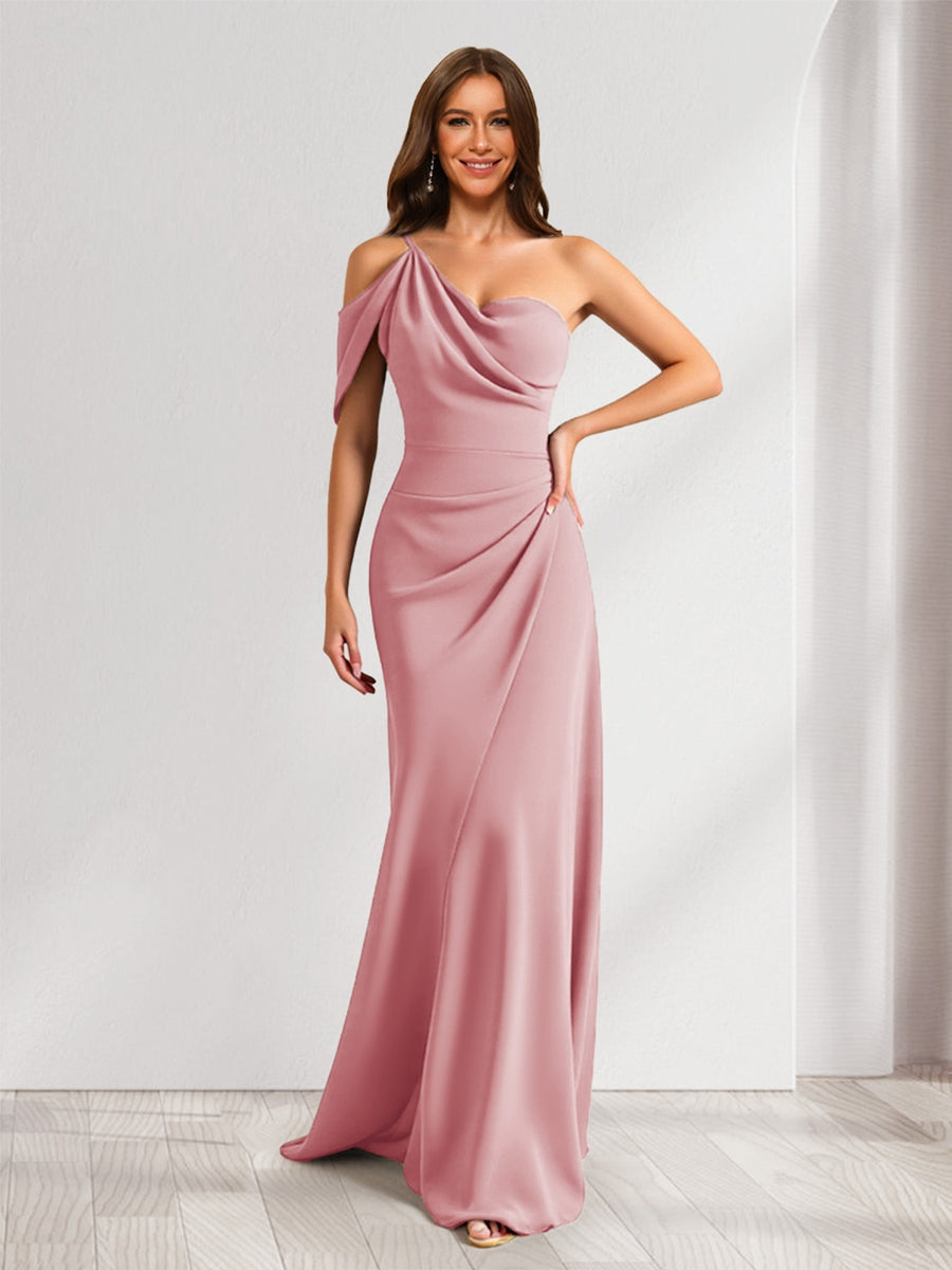 Lavetir Dusty Pink Sheath/Column Asymmetrical One-Shoulder Ruched Long Bridesmaid Dresses 2026