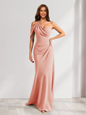 Sheath/Column Asymmetrical One-Shoulder Ruched Long Bridesmaid Dresses