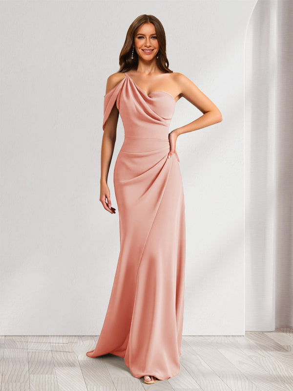 Sheath/Column Asymmetrical One-Shoulder Ruched Long Bridesmaid Dresses
