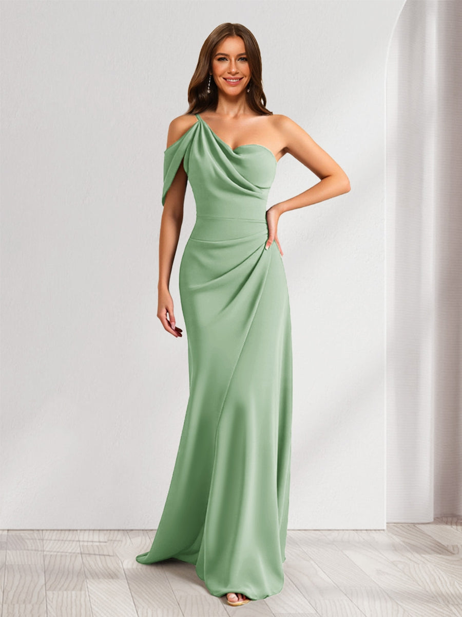 Lavetir Dark Sage Bridesmaid Dresses Women's Sheath/Column Asymmetrical One-Shoulder Ruched Long Elegant Formal Evening Party Gowns