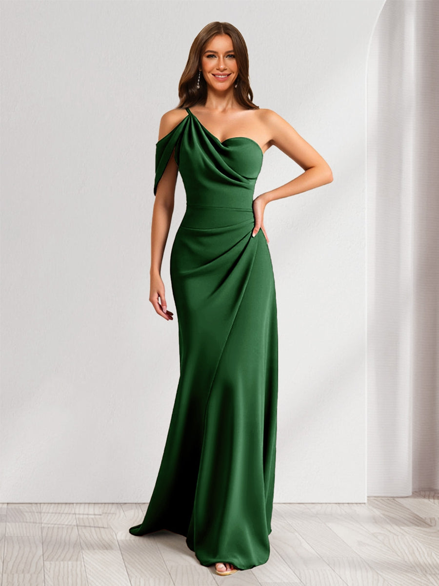 Lavetir Green Sheath/Column Asymmetrical One-Shoulder Ruched Long Bridesmaid Dresses 2026