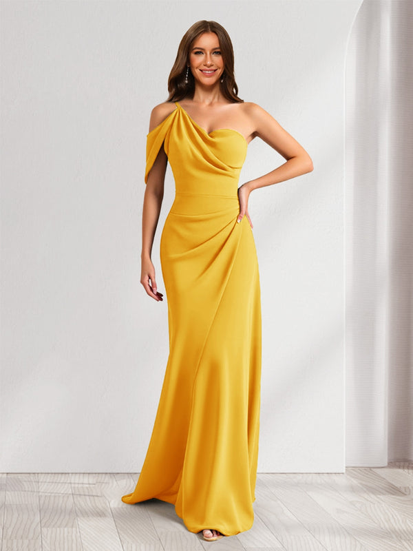 Sheath/Column Asymmetrical One-Shoulder Ruched Long Bridesmaid Dresses