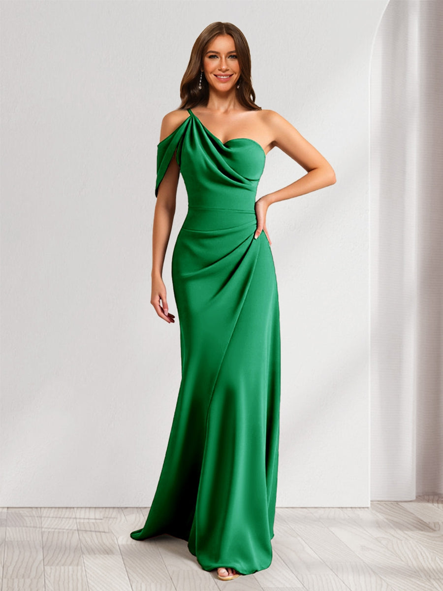 Lavetir Green Sheath/Column Asymmetrical One-Shoulder Ruched Long Bridesmaid Dresses 2026