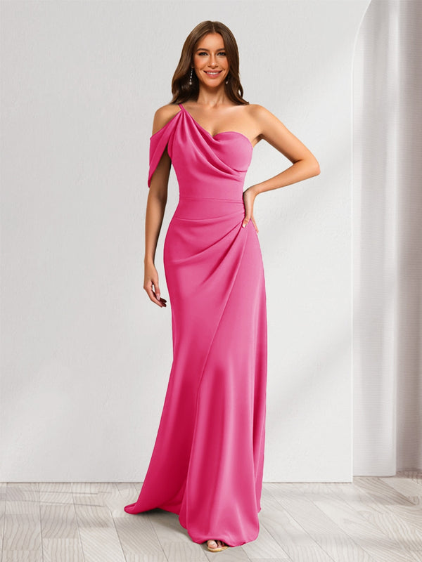 Sheath/Column Asymmetrical One-Shoulder Ruched Long Bridesmaid Dresses