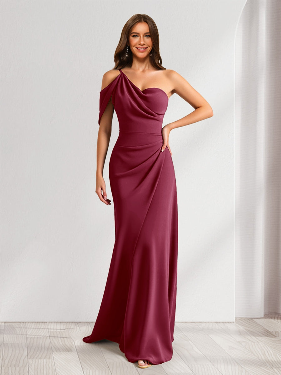Lavetir Mulberry Sheath/Column Asymmetrical One-Shoulder Ruched Long Bridesmaid Dresses 2026