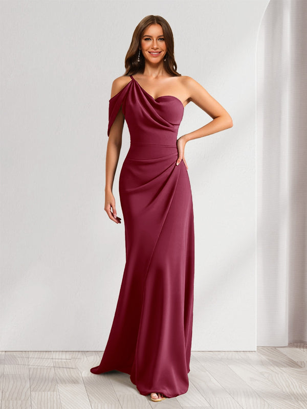 Sheath/Column Asymmetrical One-Shoulder Ruched Long Bridesmaid Dresses