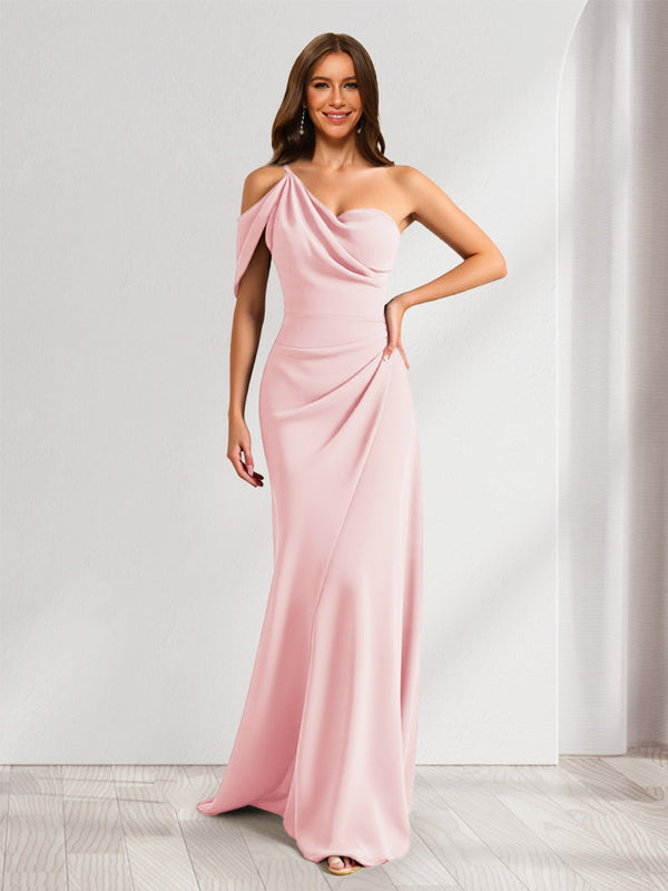 Sheath/Column Asymmetrical One-Shoulder Ruched Long Bridesmaid Dresses