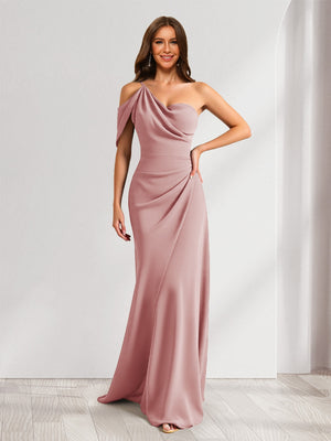 Sheath/Column Asymmetrical One-Shoulder Ruched Long Bridesmaid Dresses