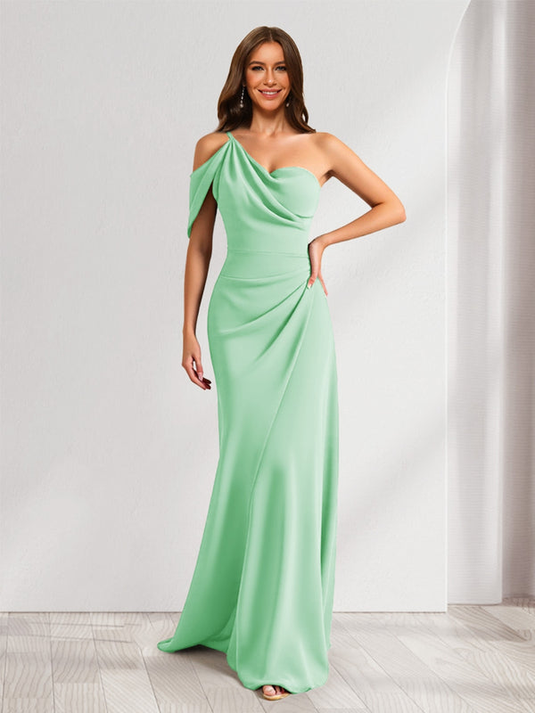 Sheath/Column Asymmetrical One-Shoulder Ruched Long Bridesmaid Dresses
