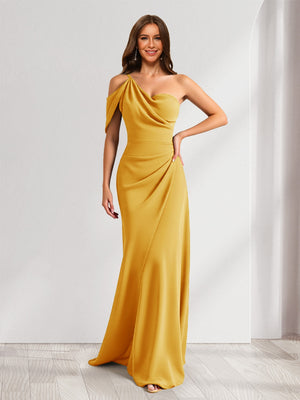 Sheath/Column Asymmetrical One-Shoulder Ruched Long Bridesmaid Dresses