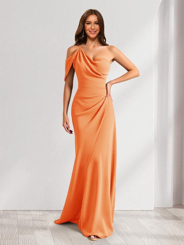 Sheath/Column Asymmetrical One-Shoulder Ruched Long Bridesmaid Dresses