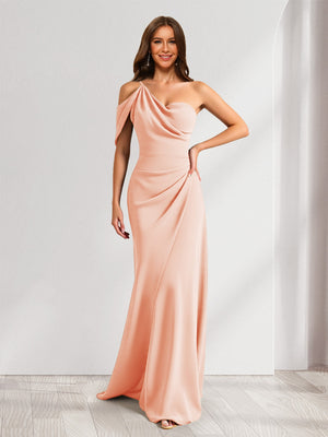 Sheath/Column Asymmetrical One-Shoulder Ruched Long Bridesmaid Dresses