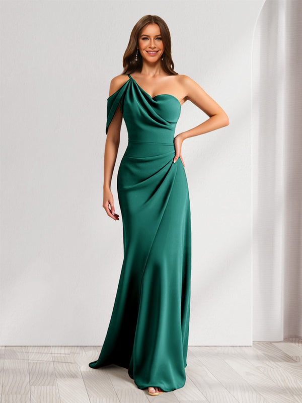Sheath/Column Asymmetrical One-Shoulder Ruched Long Bridesmaid Dresses