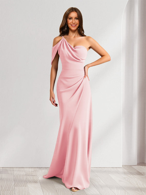 Sheath/Column Asymmetrical One-Shoulder Ruched Long Bridesmaid Dresses