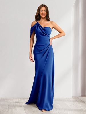 Sheath/Column Asymmetrical One-Shoulder Ruched Long Bridesmaid Dresses