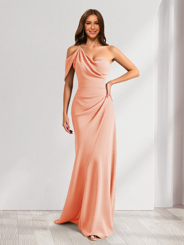 Sheath/Column Asymmetrical One-Shoulder Ruched Long Bridesmaid Dresses